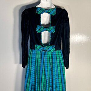Vintage Allen Lolly SZ 10 Navy Velvet & Plaid Taffeta Dress 80's Party Christmas